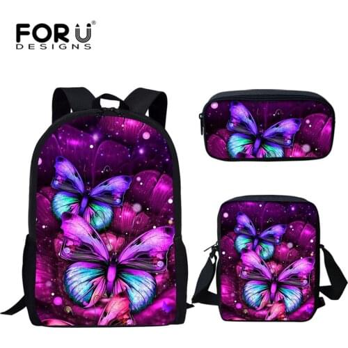 FORUDESIGNS School Bags for Children Cute Animal Butterfly Print 3Pcs/Set Kids Casual Book Shoulder Bags Backpack Girls Mochila