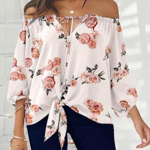 Summer Fashion Striped Printed Women Shirts Sexy Slash Neck Off Shoulder Pullover Tops Autumn Casual Lace-Up Office Lady Blouses