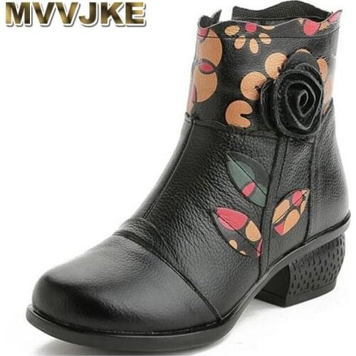 MVVJKE New Flower Printing Leather Winter Snow Shoes Fashion Boots Women Ankle Boots Warm Snow Boots Women Shoes Boots Plus Siz