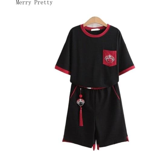 Women Black Casual Short Sets Hight Waist Shorts Skirts And Cartoon Embroidery Pocket T Shirts 2021 Summer 2 Piece Set Clothes