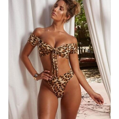 Women Swimsuit Sexy Leopard Bikini Push Up Frill Bikini String Brazile High Waist Bathing Suits Deep V Swimwear Bathers