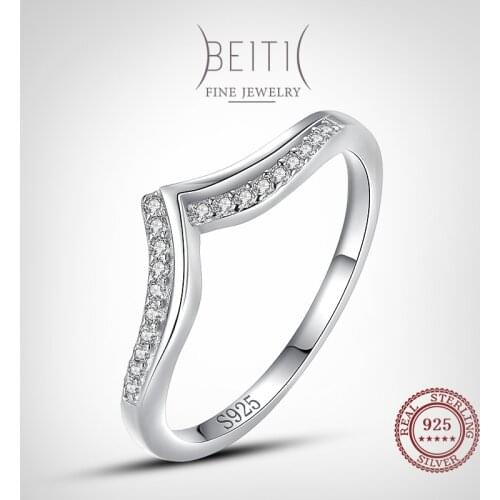 Beitil Stylish Simple V 925 Sterling Silver Clear Zircon Rings for Women Wedding Statement Jewelry Finger Ring