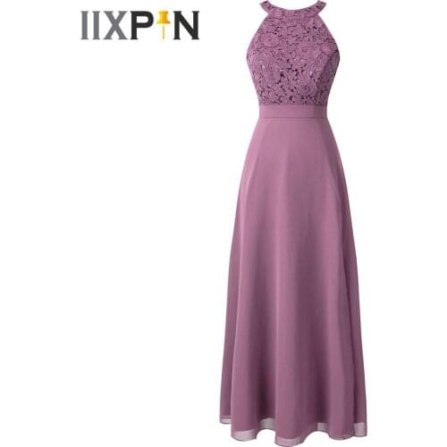 Elegant Women Dresses Lace Evening Gowns Chiffon Halter Neck Sleeveless Long Dress for Wedding Bridesmaid Clothes Femme Dress