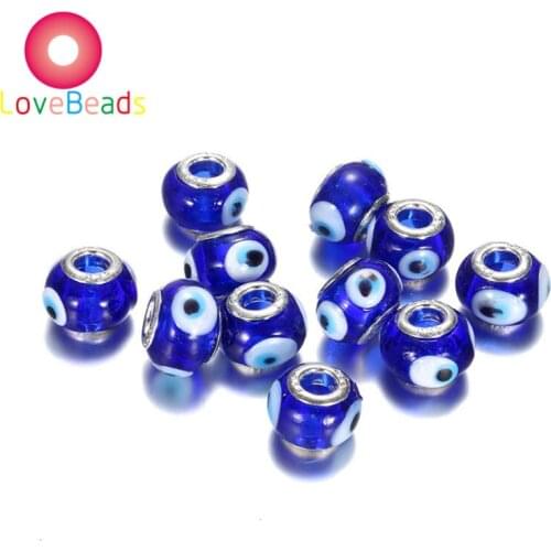 10 Pcs Blue Color Evil Eye Beads Lampwork Glass Murano Large Hole Spacer Beads Fit Pandora Bracelet European DIY Chain Jewelry