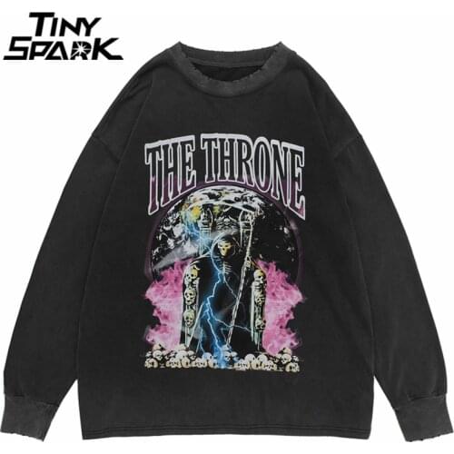 Hip Hop 2020 Men Streetwear Sweatshirt Skull Lightning Print Pullover Ripped Hole Sweatshirt Harajuku Cotton Loose Sweat Shirt