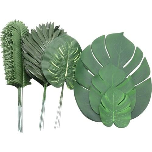 90 Artificial Palm Leaves with Stem for Tropical Party Decoration Aloha Jungle Beach Anniversary Palm Leaves