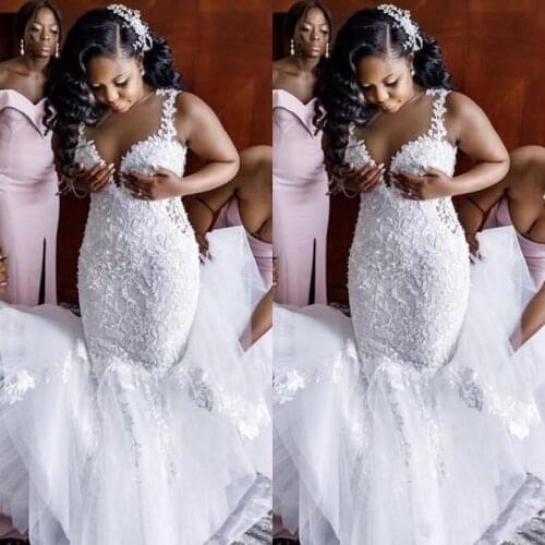 White Lace Wedding Dress Mermaid Plus Size Floral Appliques Spaghetti Straps Sleeveless 2023 African Bridal Gowns