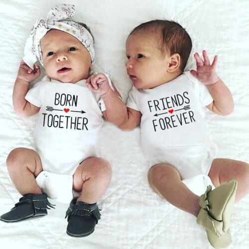 1Pc Born Together and Friends Forever Baby Summer Short Sleeves Rompers Casual Twins Baby Bodysuits Toddler Cute Ropa