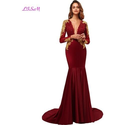 Elegant Mermaid Evening Dresses Sexy Deep V-Neck Long Sleeves Satin Prom Dress Gold Appliques Beaded Formal Party Gowns