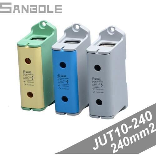 240mm2 Electric DIN Rail Mounting Terminal Block Copper 1P Rectangle AC/DC One In One Out Screw JUT10-240