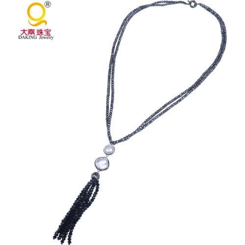 Exquisite black beaded tassel necklace hematite stone necklace crystal beaded pendant necklace keshi pearl pave rhinestone