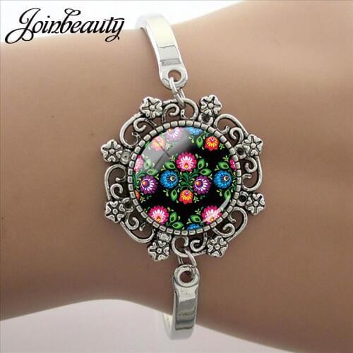 JOINBEAUTY Classical Polish Folk Flower Print Lace bracelet Adjustable Bracelets Glass Cabochon Bangles Women Gift PF65