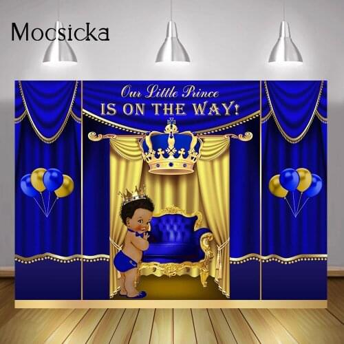 Royal Blue Prince Baby Shower Photo Backdrop Golden Crown Curtain Balloons Background Newborn Boy Party Decorations Photography