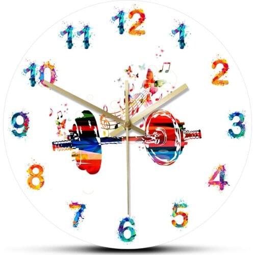 Colorful Dumbbell and Butterflies Wall Clock Watch Clocks Modern Design For Home Watercolour Arabic Numbers Quartz Mute Horologe
