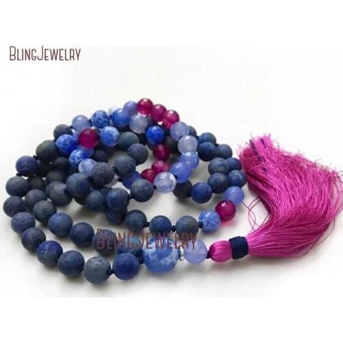 MN21345 Lapis Lazuli Mala Necklace Fire Crackle Agte Mala 108 Bead Mala Blue Mala Beads Pink Silk Tassel Mala
