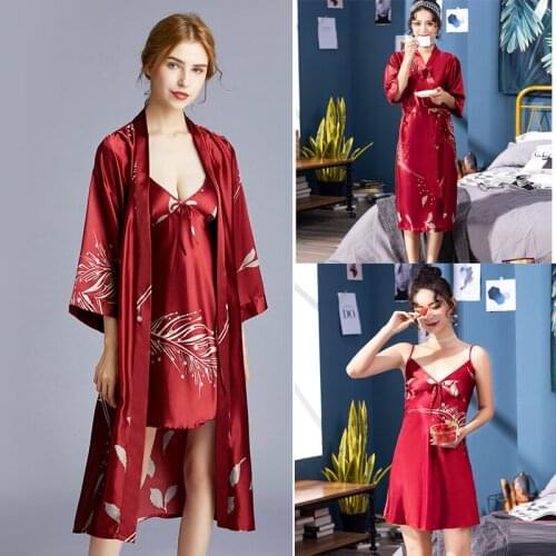 Fashion Red Womens Lingerie Silk Robe Dress Nightdress Nightgown Sleepwear Luxury 1pcs