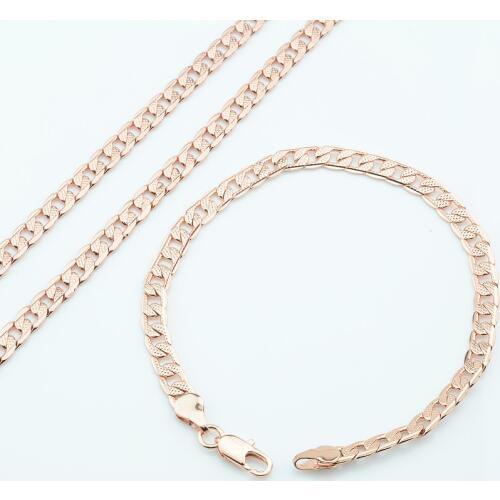 5mm Fashion Mens Womens Rose Gold Color Curb Link Necklace Bracelet Jewelry Sets