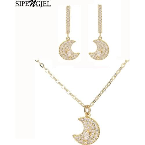 Trendy Cubic Zirconia Irregular Geometric Moon Necklace Earrings Set For Women Wedding Gift Jewelry