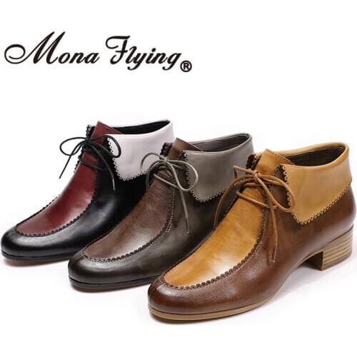 Mona Flying Women Genuine Leather Classic Lace-up Boots Hand-made Fashion Ankle Boots Booties Shoes with Low Heels 077-5AB