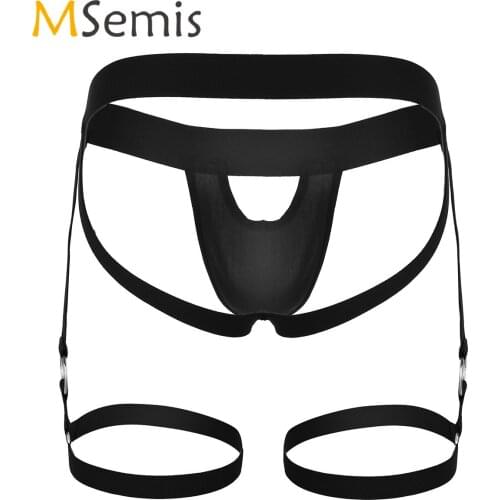 Black Mens Lingerie Underwear Bulge Pouch Open Butt Jock Strap G-string Briefs with Leg Garters Band and O-rings Underpants