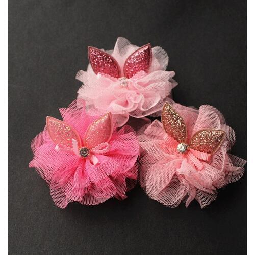 New 15pcs/lot Korean Gauze Top Quality Rabbit Ears Glitter Animals Ear Shape Hair Clips Mini Bows Hair Crystal Hairpin Gold Ears