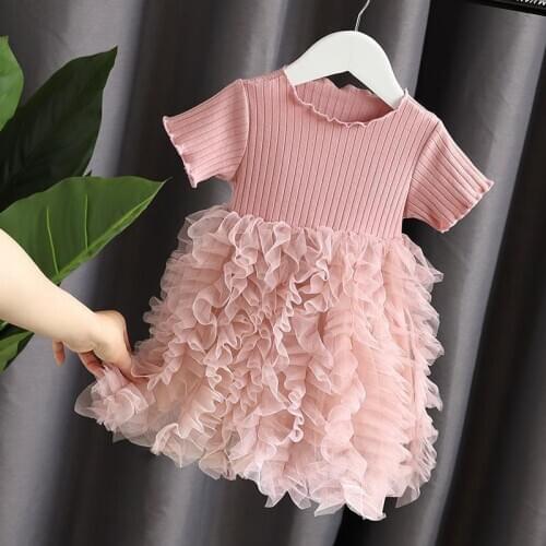 2021 Summer New Childrens Dress Girl Baby Dress Princess Yarn Dress Foreign Style Puffy Splicing Cake Skirt Summer Dress