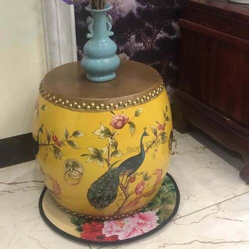 Customized New Chinese Style Tea Stool Solid Wood Shoe Stool Leather Drum Stool Painted Pier Dressing Stool Round Stool Low Stoo