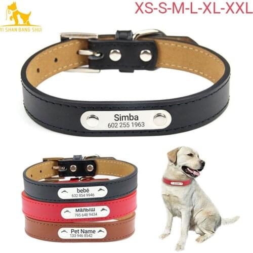 Personalized Dog ID Collar Custom Pet Name Free Engraving Genuine Leather Collar For Small Medium Large Dogs Pitbull Cat XS-XXL