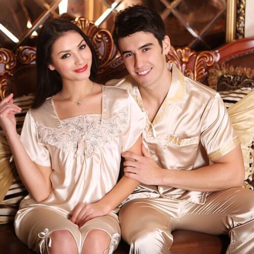 Couples Summer Sleepwear Silk Pajamas Mens Womens Short Sleeve Homewear Solid Color Plus Size Silk Nightwear D-2177