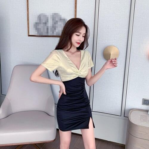 C3387 2021 summer new women fashion sexy temperament deep V show chest short sleeves tight slim buttock wrap dress female