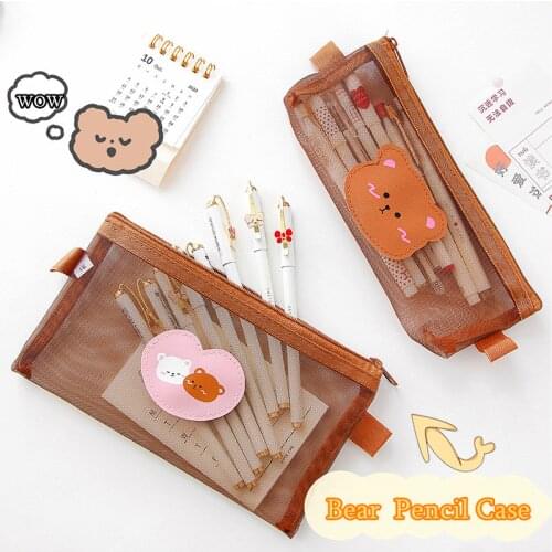 Transparent Mesh Pencil Case Cute Bear Brown Pouches Stationery Student Pencil Bag Large Capacity Storage Kawaii Bag