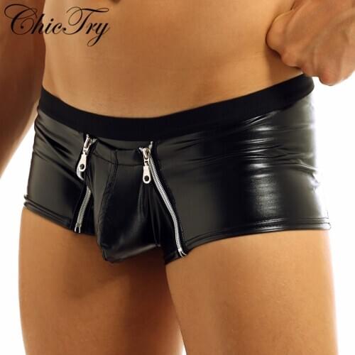 Sexy Mens Lingerie Clubwear Costumes Panties Faux Leather Zipper Jockstraps Bulge Pouch Gay Boxer Shorts Underwear Underpants