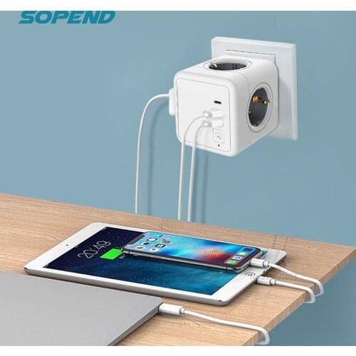 Sopend Powercube EU Wall Power Strip with 4 AC Outlets 2 USB C Ports Adapter Switch Overload Protection 8-in-1 Extension Socket