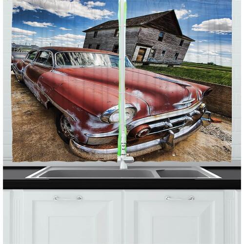 Sky Blue Red Vintage Kitchen Curtains Old Retro Classic Abandoned Car Detroit Like Deserted Place Photo Artwork for Kitchen