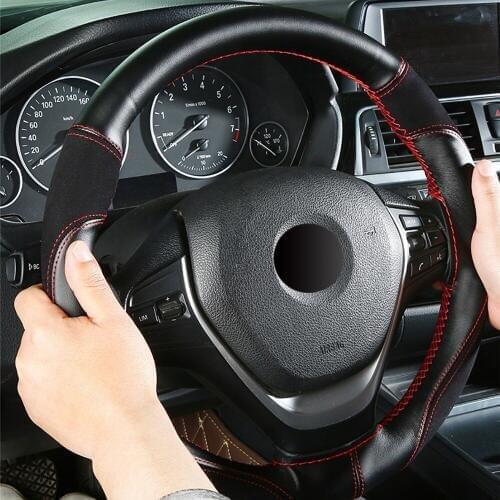 38cm Car Steering Wheel Cover Wear-resistant Anti-slip PU+Suede Leather Braid with Needles Thread