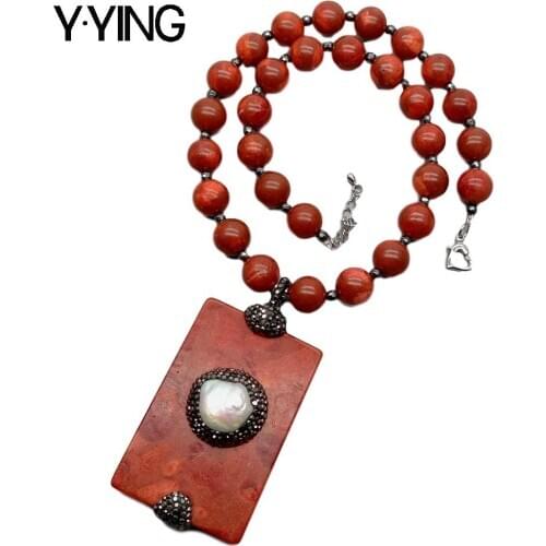 Y·YING 12mm Red Spongy Coral round Necklace Rectangle Spongy Coral and White Coin Pearl Pendant necklace 20"
