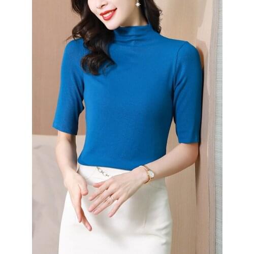 Size M-3XL Female Half Sleeve Turtleneck T-shirts 2021 Early Autumn Stretchy Vintage Top Tshirt Tees For Women JM1672