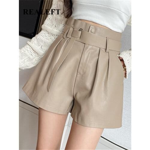 REALEFT Autumn Winter Womens Faux PU Leather Shorts with Belted 2021 New High Waist Ladies Elegant Short Trousers Pocket Female