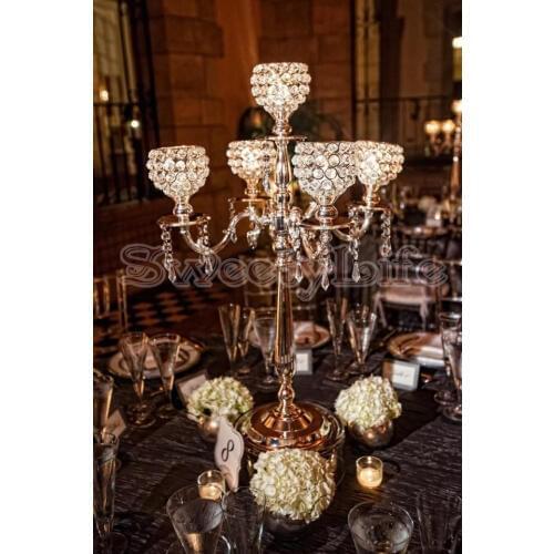 10pcs/lot Gold crystal 5 head Crystal candle sticker H75cm Luxury Table Centerpiece wedding candelabra