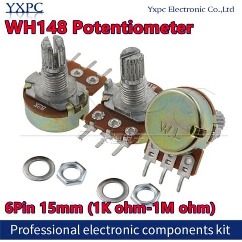 100pcs WH148 B1K B2K B5K B10K B20K B50K B100K B500K 6Pin 15mm Amplifier Dual Stereo Potentiometer 1K 2K 5K 10K 50K 100K 500K