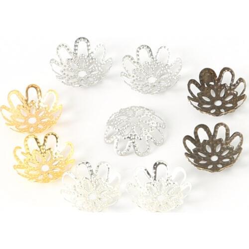 200Pcs/lot Silver Gold Bronze Plated 3x14mm Hollow Flower Metal Filigree Loose Spacer Bead Caps For DIY Jewely Findings