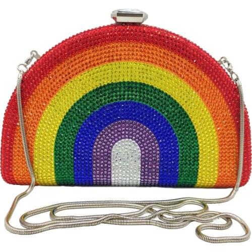 2021 Rainbow Women Clutch Half-Moon Diamonds Evening Bags Rhinestones Luxury New Lady Wedding Bags Shoulder Chain Purse X808H
