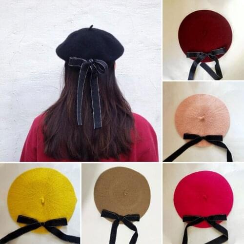 2021 New Fashion Women Girl Soft Bow Elegant Berets Winter Warm Hat Harajuku Wool Beret Hat With Bowknot Retro Vintage Lady Hat