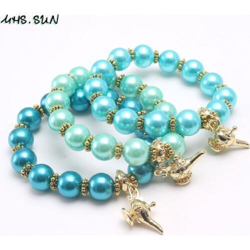 MHS.SUN Newest kids girls charms bracelets genie-lamp pendant elastic bangles handmade pearls jewelry bracelet for child gift