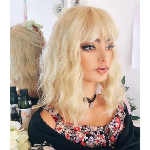 Brazilian Blonde Human Hair Wigs with Bangs Natural Wave Remy Human Hair Color 613 Lace Front Wigs For Women