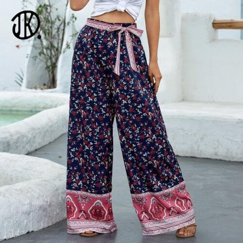 Bohemian Lace-up Wide-leg Pants Womens Plus Size Loose Trousers With Belt 2021 High Waist Printed 2XL Pant Femme Casual Carips