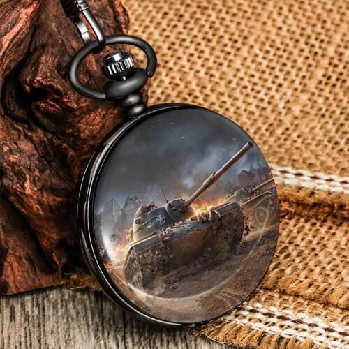 Vintage Pocket Watch Number Clear Dial Quartz Watch Pendant Comics World War II Tank Pattern Retro Small Clock For Men Male