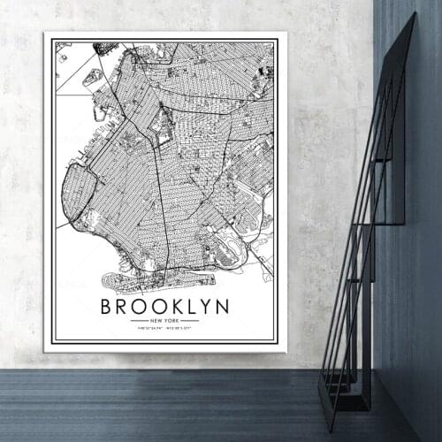 Black and White World City Map BROOKLYN Wall Art Canvas Poster Prints Nordic Style Paintings Picture for Living Room framed