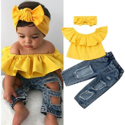 Citgeett Summer Fashion Kids Baby Girl Off Shoulder Yellow Tops+Ripped Jeans Denim Pant 3Pcs Clothes Fashion Set Clothing