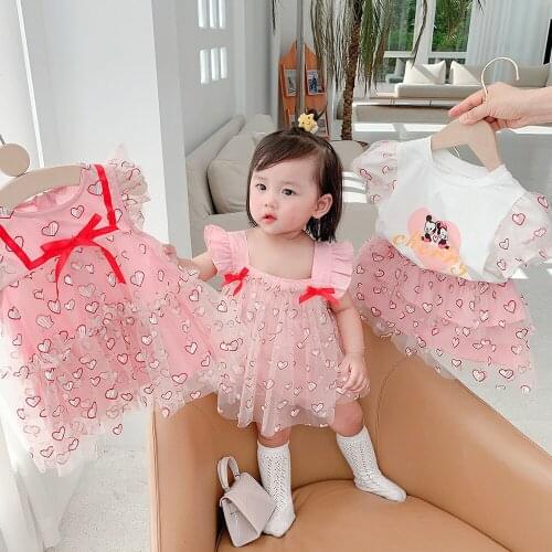 Disney Cartoon Sisters Love Short Sleeve Skirt Suit Thin Section Mickey Minnie Summer Baby Net Yarn Skirt Childrens Romper Skirt